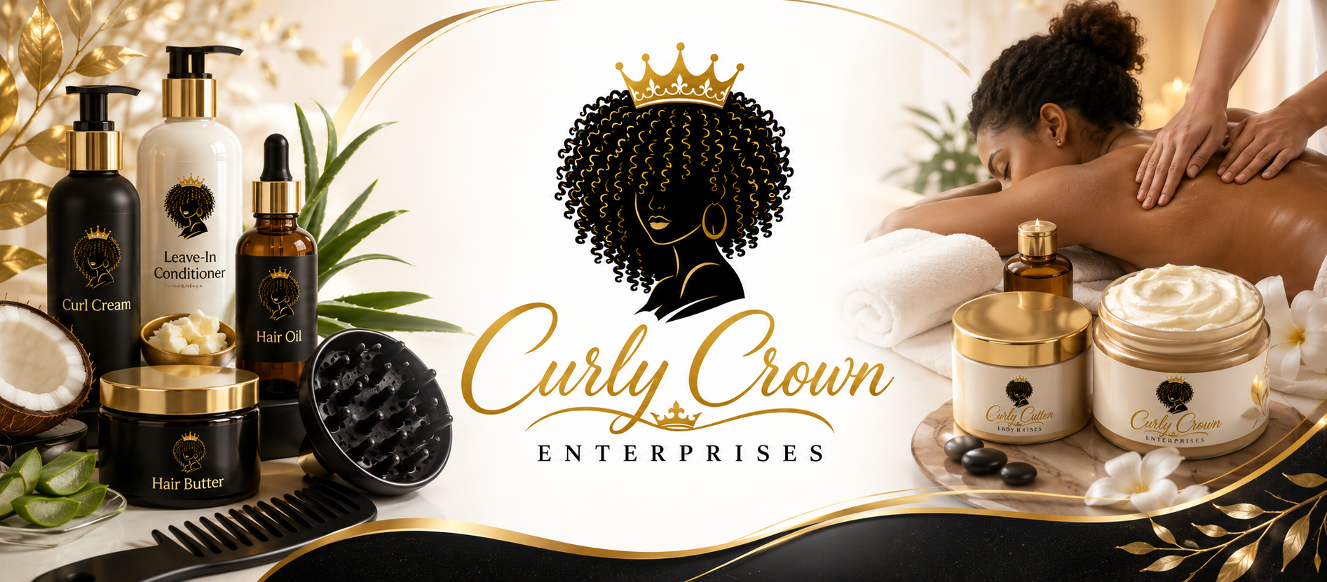 Curly Crown Enterprises brand banner featuring natural hair products and wellness visuals