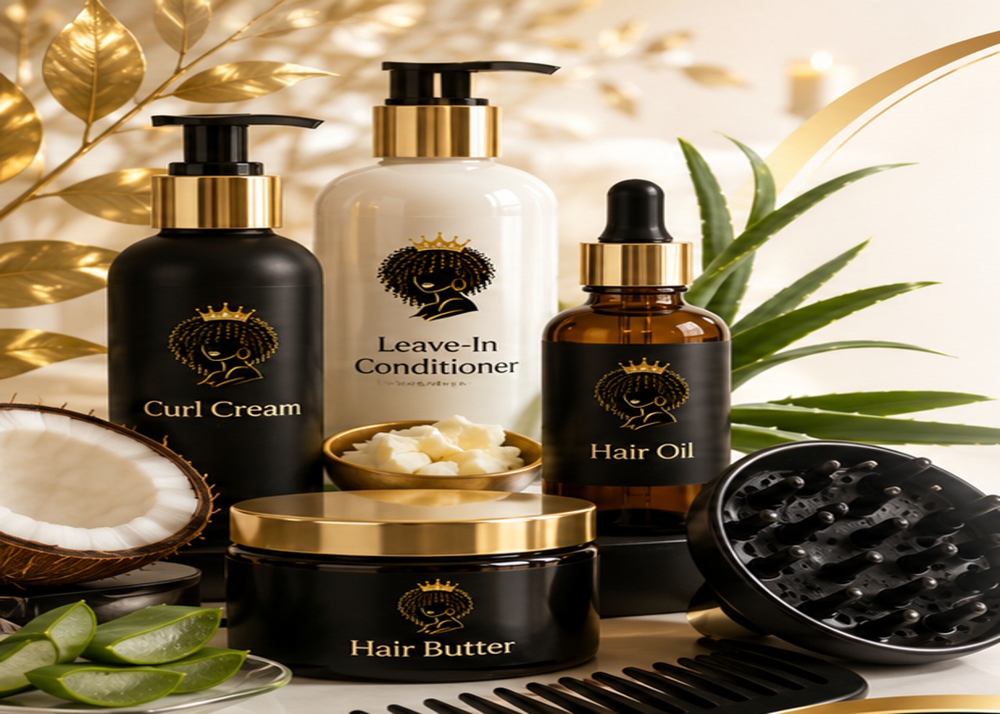 Luxury natural hair products arranged together
